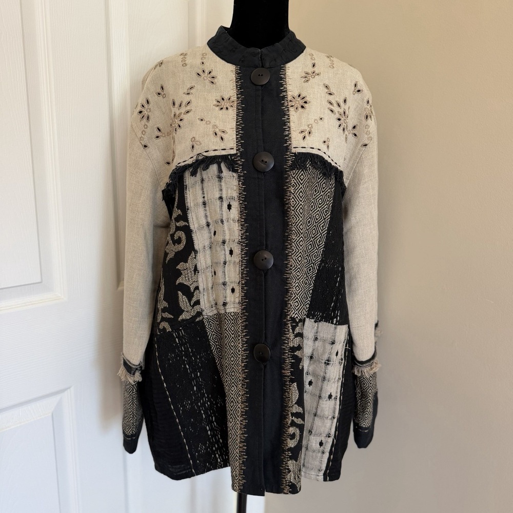 Flashback VTG Women's Linen Patchwork Jacket (L) Asian Inspired Boho Cottage 90s